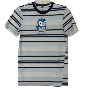 Pokemon Piplup Graphic T-Shirt Blue White Striped Embroidered Women XS